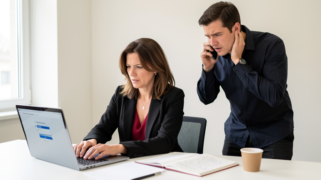 Two professionals responding to a cybersecurity incident at a desk — one changing passwords on a laptop while a colleague is on a phone call, in a bright modern office with off-white walls and red accents.